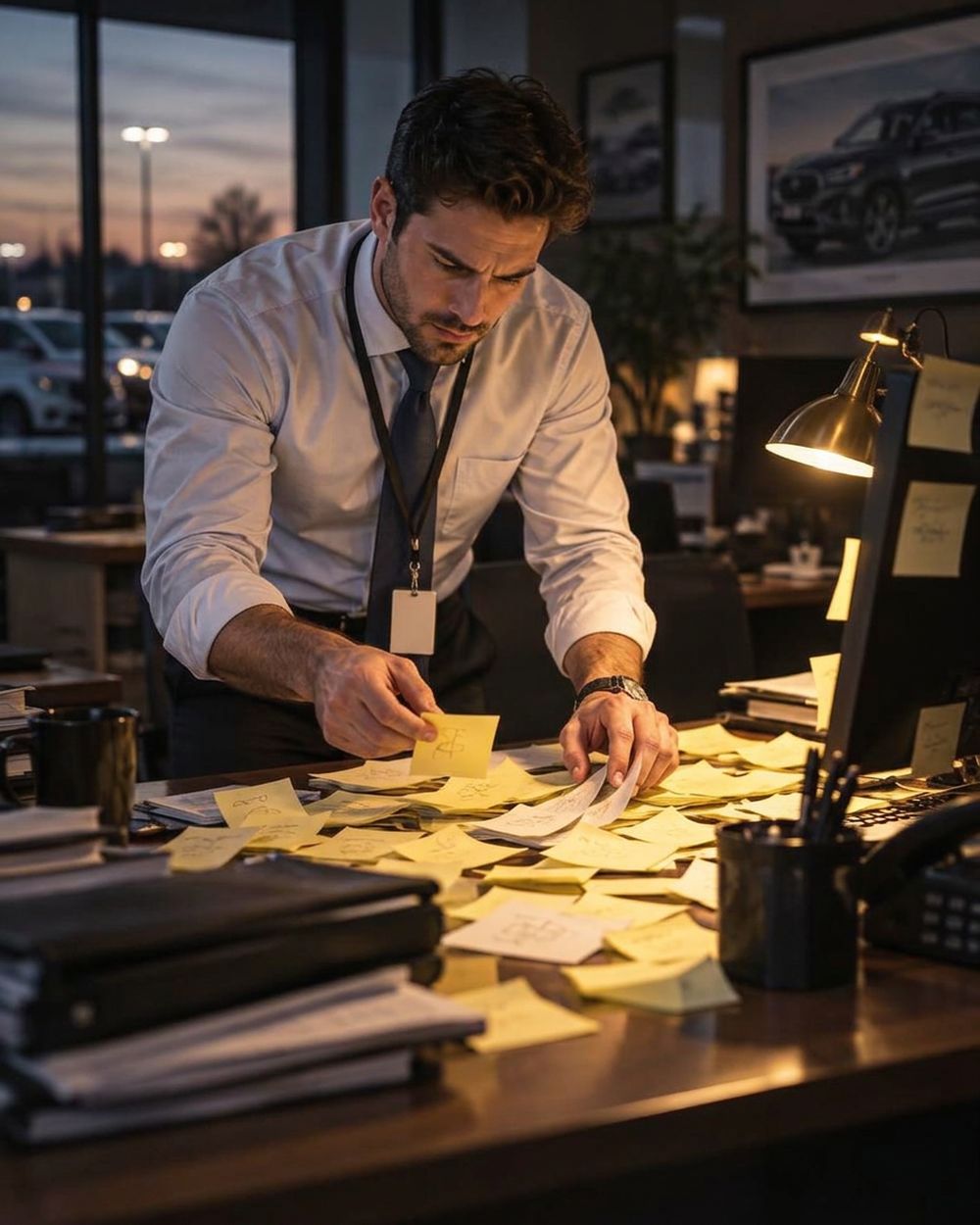 A dealership salesperson at a desk covered in sticky notes, searching for one of them